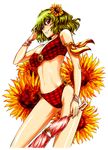  adjusting_hair bikini closed_umbrella flower green_hair grin hair_flower hair_ornament kazami_yuuka miyamoto_ryuuichi plaid plaid_bikini red_eyes short_hair smile solo sunflower swimsuit touhou umbrella white_background 