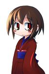  blush brown_hair japanese_clothes kimono kurame kusari_hime:_euthanasia long_sleeves red_eyes sash short_hair simple_background solo ugif upper_body white_background 