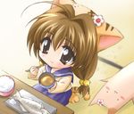  animal_ears bell brown_eyes brown_hair cat_ears chibi chopsticks di_gi_charat eating food puchiko sakana solo tail twintails 