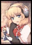  alice_margatroid apron blonde_hair blue_eyes colored_eyelashes doll eyelashes headphones lace long_hair looking_back matching_shanghai multiple_girls open_mouth shanghai_doll touhou uruu_gekka 