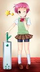  467_(artist) bad_id bad_pixiv_id bike_shorts hair_ornament hairclip lyrical_nanoha mahou_shoujo_lyrical_nanoha_strikers one_eye_closed pink_hair plaid plaid_skirt red_eyes schach_nouera school_uniform short_hair skirt socks solo star sweater_vest v windenschaft younger 