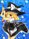  between_breasts between_legs blonde_hair braid breasts broom buttons fang hat kirisame_marisa large_breasts looking_at_viewer magic_circle one_eye_closed short_hair smile solo toichi touhou witch_hat yellow_eyes 
