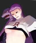  arbok bad_id bad_pixiv_id breasts earrings face fangs gen_1_pokemon hair_slicked_back highres jewelry medium_breasts musashi_(pokemon) open_mouth pokemon pokemon_(anime) pokemon_(creature) purple_eyes purple_hair senni snake team_rocket tongue underboob 