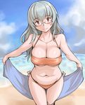  beach bikini blush breasts cleavage day glasses large_breasts long_hair ocean older outdoors red_eyes rozen_maiden side-tie_bikini silver_hair solo suigintou swimsuit towel tsuda_nanafushi 