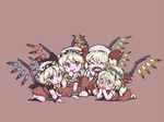  azito7 barefoot blonde_hair blush child clone fangs flandre_scarlet four_of_a_kind_(touhou) hat multiple_girls one_side_up ponytail red_eyes short_hair smile tears touhou wings 