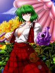 3: bad_id bad_pixiv_id breasts cleavage elephant flower green_hair highres kazami_yuuka large_breasts lens_flare looking_at_viewer ootsuki_wataru open_clothes open_shirt parasol plaid plaid_skirt plaid_vest red_eyes shaded_face shirt short_hair skirt skirt_set solo sunflower themed_object touhou umbrella vest watering_can 