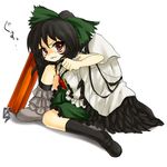  angry asymmetrical_clothes black_hair mismatched_footwear niji_(nijioki) red_eyes reiuji_utsuho ribbon short_hair socks solo tears touhou 