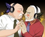  bald blush bug butterfly butterfly_hair_ornament eye_contact face-to-face facial_hair hair_ornament headphones hinohino insect looking_at_another magnet_(vocaloid) male_focus multiple_boys mustache nanjou_terumasa old_man parody umineko_no_naku_koro_ni ushiromiya_kinzou vocaloid what yaoi 