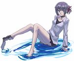  barefoot blue_eyes copyright_request feet oshiji_mirai purple_hair single_sock socks solo utu_(ldnsft) 