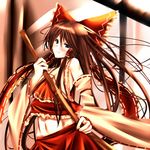  blue_eyes blush bow broom brown_hair detached_sleeves hair_bow hakurei_reimu hiroaki_(huruhonya) long_hair ribbon smile solo touhou 