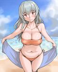  beach bikini blush breasts cleavage day large_breasts long_hair ocean older open_towel outdoors red_eyes rozen_maiden side-tie_bikini silver_hair solo suigintou swimsuit towel tsuda_nanafushi 