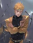  blonde_hair crossed_arms dio_brando earrings evil_smile grey_background headband holding holding_knife jacket jewelry jojo_no_kimyou_na_bouken knife looking_at_viewer male_focus muscle red_eyes skin_tight smile solo touge_(kubiwa_tsuki) weapon yellow_jacket 