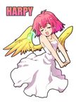  character_name closed_eyes dress feathered_wings feathers hands harpy harpy_(puyopuyo) madou_monogatari monster_girl no_legs open_mouth pink_hair puyopuyo short_hair solo stretch tessai white_dress wings 