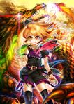  alternate_costume beckoning belt black_legwear black_nails blonde_hair bracelet braid chain cross dragon eastern_dragon heart high_collar inuboe jewelry kirisame_marisa long_hair nail_polish necktie shorts solo thighhighs tongue touhou wind yellow_eyes 