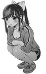  breasts buruma cleavage collarbone full_body greyscale itokatsu large_breasts long_sleeves looking_at_viewer love_plus monochrome ponytail shoes sidelocks simple_background sneakers solo sportswear squatting takane_manaka white_background 