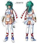  annet_myer armlet bow character_name detached_sleeves el_viento elbow_gloves gloves green_hair leymei loincloth long_hair midriff multiple_views navel ribbon socks thighhighs turnaround white_background white_legwear 