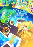  absurdres alternate_color blonde_hair blue_eyes blue_hair boots detached_sleeves grayfair green_hair guitar hatsune_miku highres instrument keyboard_(instrument) long_hair microphone musical_note necktie purple_eyes skirt thigh_boots thighhighs twintails very_long_hair vocaloid yellow_eyes 