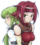  back-to-back bad_id bad_pixiv_id bare_shoulders blush breasts c.c. code_geass detached_sleeves embarrassed frown green_eyes green_hair headband impossible_clothes impossible_shirt kallen_stadtfeld large_breasts long_hair miyakodori_takayuki multiple_girls red_hair shiny shiny_clothes shirt short_hair spiked_hair straitjacket turtleneck yellow_eyes 