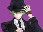  bad_id bad_pixiv_id blazblue evil_grin evil_smile fedora fingerless_gloves gloves green_hair grin hat hazama male_focus necktie purple_background smile solo sumeshi_(ambivalince) yellow_eyes 