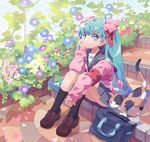  bf._(sogogiching) black_legwear blue_eyes blue_hair cat chin_rest colorful flower hair_ribbon hatsune_miku legs loafers long_hair morning_glory ribbon school_uniform shoes sitting sitting_on_stairs smile socks solo stairs twintails very_long_hair vocaloid 