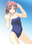  blue_eyes brown_hair competition_school_swimsuit copyright_request covered_navel dasoku_sentarou glasses one-piece_swimsuit short_hair solo swimsuit 