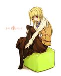  bad_id bad_pixiv_id blonde_hair bow feet ki_(vicolor) male_focus maria_holic mole mole_under_eye no_shoes otoko_no_ko pantyhose red_eyes school_uniform shidou_mariya sitting solo translated 