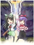  arm_cannon black_hair bow chibi green_bow hair_bow hat lightning multiple_girls nagae_iku purple_hair red_eyes reiuji_utsuho saturday_night_fever shinjitsu_(true_ride) touhou weapon 