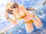  bikini breasts brown_hair cleavage copyright_request day green_eyes hat kuroneko_sakon large_breasts looking_at_viewer smile solo swimsuit whistle 