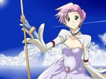  alternate_costume aria cloud code_geass cosplay day euphemia_li_britannia euphemia_li_britannia_(cosplay) fingerless_gloves gloves green_eyes highres mari_tomo mizunashi_akari pink_hair pole sky smile solo water 