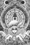  clock crystal flandre_scarlet graphite_(medium) greyscale hair_between_eyes hasanishi hat hat_ribbon highres looking_at_viewer mob_cap monochrome open_mouth ribbon short_hair side_ponytail solo touhou traditional_media 