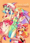  aqua_hair bat_wings blonde_hair blue_hair blush braid china_dress chinese_clothes clenched_hand cover cover_page dress flandre_scarlet gradient_hair green_hair hat hong_meiling long_hair multicolored_hair multiple_girls one_eye_closed one_side_up outstretched_arm polka_dot polka_dot_background ponytail red_eyes red_hair remilia_scarlet shiwasu_horio short_hair side_slit smile touhou twin_braids wings wrist_cuffs 