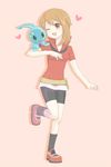  artist_request bike_shorts blush brown_eyes brown_hair gen_4_pokemon haruka_(pokemon) heart manaphy no_bandana no_headwear one_eye_closed pokemon pokemon_(creature) shadow shoes short_hair simple_background smile socks yellow_background 