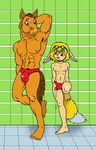  bulge clothing duo equine male mammal precum sgtklark_(artist) shower shower_room size_difference swimsuit 