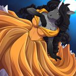  2015 amber_eyes anthro black_fur black_hair breasts cleavage clothed clothing dress equine female fur grey_fur hair horn horse lapres long_hair looking_at_viewer mammal moon night sky smile solo standing star unicorn 