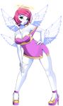  1girl angel breasts cleavage clothed clothing ear_piercing earrings female freckles green_eyes hair halo hands_on_hip high_heels jewelry looking_at_viewer official_art piercing pink_hair rubi rubi_(wings_of_vi) solgryn solo unknown_artist white_skin wings wings_of_vi 