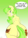  2015 anthro anthrofied big_butt butt cutie_mark dialogue english_text equine female freckles friendship_is_magic green_eyes green_hair hair hi_res horse looking_at_viewer looking_back mammal ms_peachbottom_(mlp) my_little_pony mysteryfanboy718 pony pussy smile solo text two_tone_hair 
