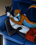  2015 anthro black_fur blue_eyes blue_fur boxers brown_eyes brown_fur canine claws clothed clothing cuddling cute delilittle dog duo fur half-dressed happy husky inside lying male mammal mustelid oric_the_otter otter shadow_shepsky smile sofa speedo swimsuit tattoo television topless underwear white_fur 