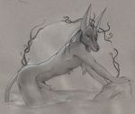  anthro anubian_jackal anubis balls butt canine deity dog egyptian erection greyscale hair jackal leaning leaning_forward looking_at_viewer male mammal monochrome nduli nude nuduli outside penis solo water wet 