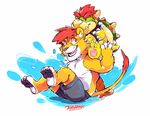  3_toes anthro barefoot black_nose bowser boxers claws clothed clothing cub duo feline fur hair half-dressed koopa lion male mammal mario_bros nintendo open_mouth plushie reptile scalie shorts smile solo spikes super-tuler swimsuit teeth toe_claws toes tongue topless underwear video_games water wristband young 