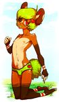  2011 anthro bear cin_(character) clothed clothing eye_patch eyewear freckles green_hair hair half-dressed jotaku looking_at_viewer male mammal nipples outside red_eyes solo topless underwear 
