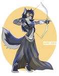  2015 aimi arrow bow_(weapon) canine ear_piercing female glowing glowing_eyes mammal mechanical piercing ranged_weapon weapon yellow_eyes 