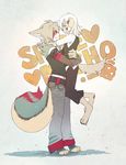  2011 anthro canine clothed clothing digitigrade dog duo eye_contact hug jotaku male mammal milcho_(character) plain_background shire_(character) text torn_clothing white_background wolf 