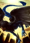  2011 anthro avian city cityscape claws clothing dragon feathers flying hair horn human hybrid jotaku low-angle_shot male mammal scalie solo wings yellow_eyes 