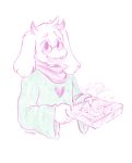  &lt;3 2018 5_fingers ambiguous_gender anthro blush caprine cheek_tuft claird claws clothed clothing cookie deltarune dessert eyewear floppy_ears food fur glasses goat head_tuft holding_food holding_object horn looking_away mammal offering_food open_mouth open_smile portrait ralsei robe scarf signature simple_background smile solo steam teeth tuft video_games white_background white_fur 