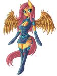  2015 alpha_channel anthro anthrofied armwear belt big_breasts blue_eyes breasts cleavage clothed clothing ear_piercing equine female fluttershy_(mlp) friendship_is_magic fur gem hair hi_res legwear long_hair makeup mammal my_little_pony pegasus piercing pink_fur pink_hair plain_background raptor007 solo transparent_background wings yellow_feathers yellow_fur 