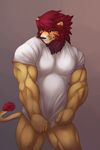  absurd_res blush bottomless clothed clothing embarrassed eyewear feline glasses green_eyes hair half-dressed hi_res istani lion male mammal muscles neck_fluff red_hair shirt solo 