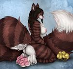  anthro avian big_breasts bird breasts butt cat chicken chicken_baby claws feline female feral fluffy green_eyes hair hindpaw kneeling long_hair mammal nipples nude pawpads paws plain_background remmmy solo_focus staggard stripes toe_claws whiskers 