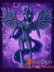  2015 anthro anthrofied bikini blue_eyes blue_feathers blue_fur blue_hair bra breasts cleavage clothed clothing cutie_mark english_text equine female friendship_is_magic fur hair hi_res horn long_hair mammal moon my_little_pony navel necklace princess_luna_(mlp) raptor007 skimpy skinny smile solo swimsuit text underwear winged_unicorn wings 