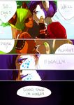  2011 anthro bear cin_(character) clothed clothing comic dialogue eye_contact eye_patch eyes_closed eyewear freckles green_hair hail_(character) hair jotaku kissing male male/male mammal purple_hair red_eyes smile text 