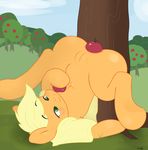  2015 anal anal_insertion anal_penetration anus apple apple_tree applejack_(mlp) blonde_hair cutie_mark earth_pony equine female feral freckles friendship_is_magic fruit green_eyes hair horse insertion long_hair mammal my_little_pony outside penetration pony pussy smile solo spread_legs spreading tree zoarity 